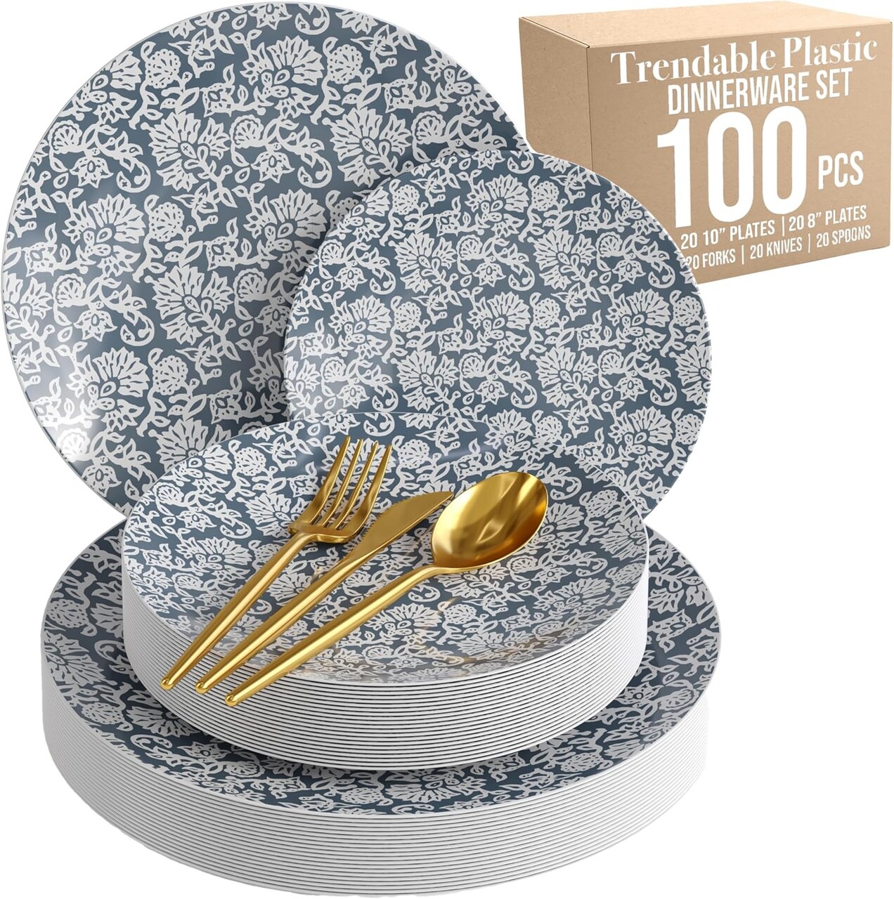 Trendables Fancy Plastic Wedding Dinnerware Set – Gold Disposable Forks Spoons Knives, 10” Charger Plates & 8” Dessert Plates – Elegant Reception, Holiday, Banquet & Special Event Supplies